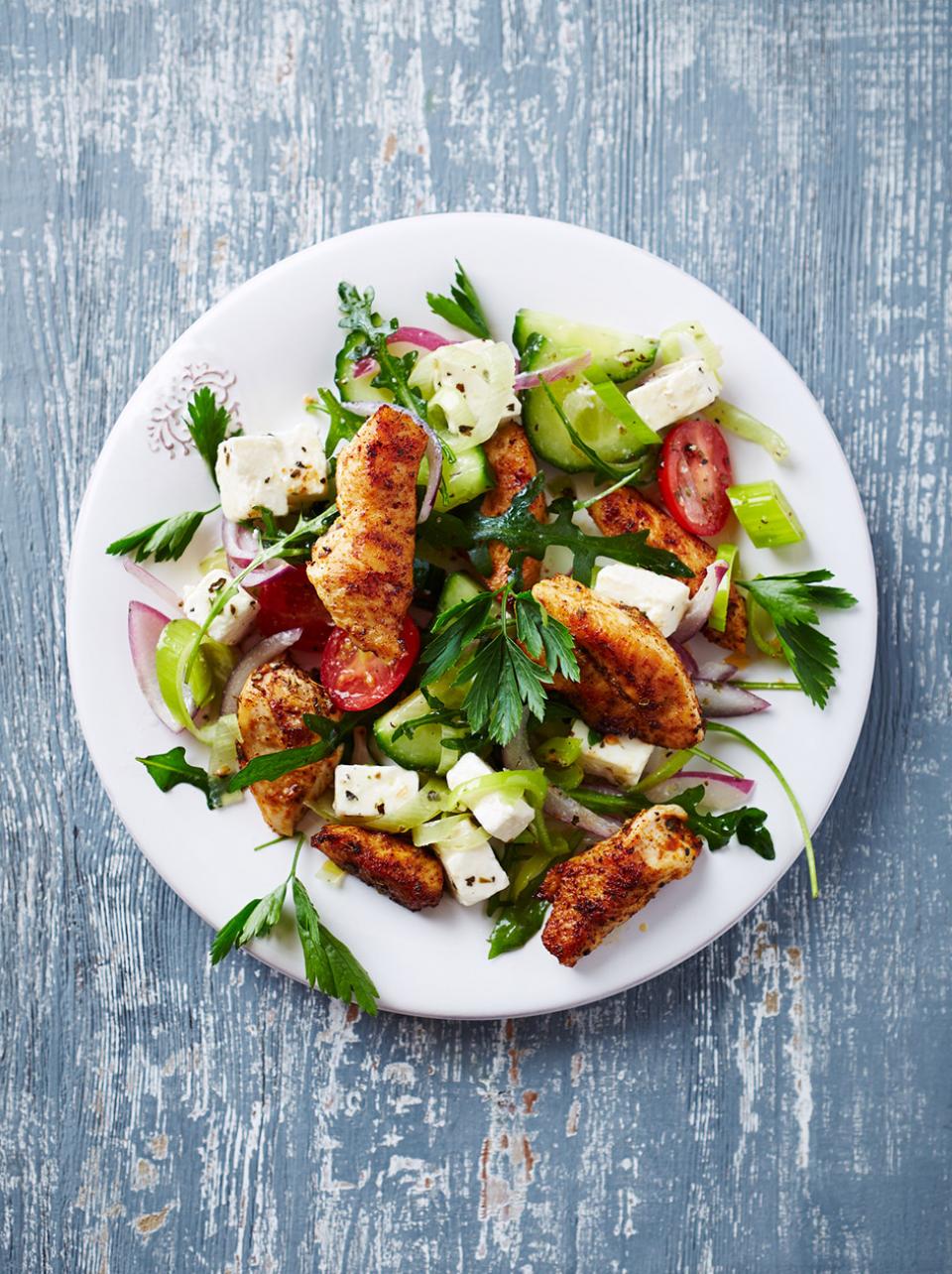 Lamb’s lettuce, pasta and Palacios roast chicken salad