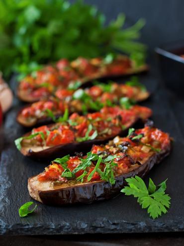 Aubergines stuffed with cheese and Palacios chorizo